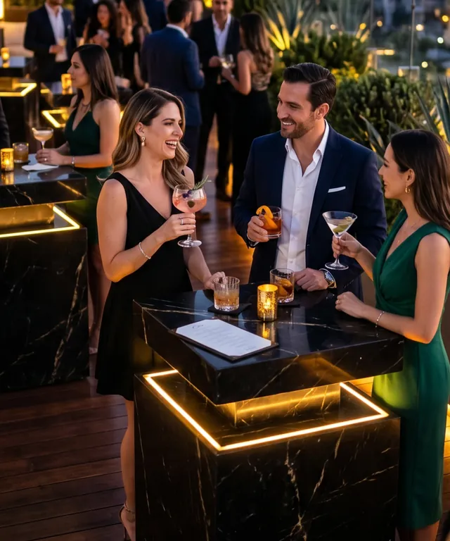 Coctel al anochecer con luces e invitados brindando