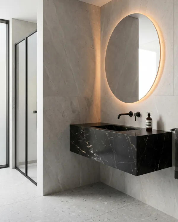 Baños premium con piedra caliza y grifería negro mate