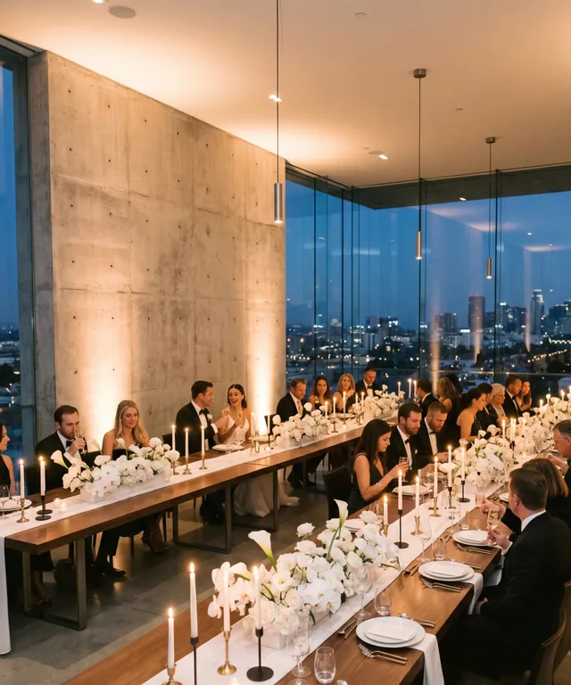 Boda de noche con mesas decoradas e iluminación cálida